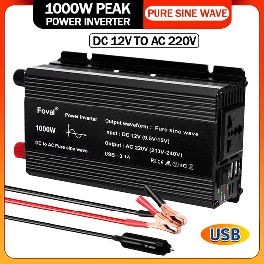 Pure Sine Wave 1000W 1500W 2200W 2600W DC 12V to AC 220V Car Power Inverter Adapter Converter with 3.1A Dual USB Eu/Universal